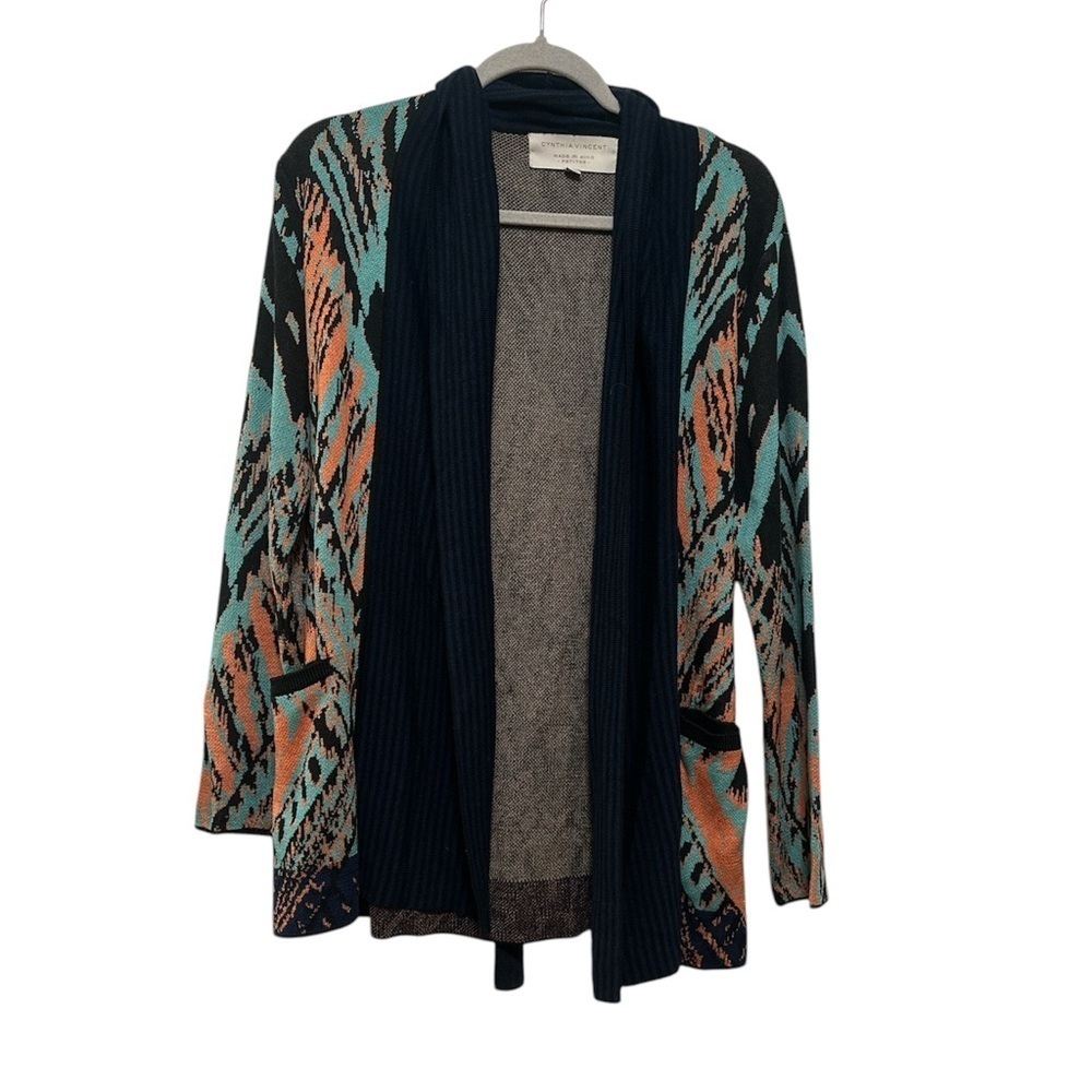 Cynthia Vincent Women’s Navy Patterned Open Front Belted Cardigan Sz M Petite